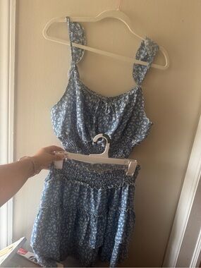 SHEIN Blue Floral Smocked Crop Top and Tiered Skirt Set